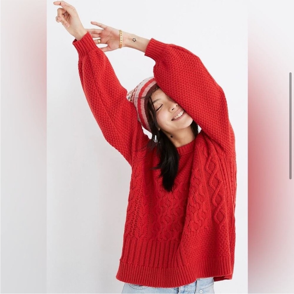 Madewell Copenhagen Sweater Red Cable Knit Wool Blend Chunky Pullover Size M